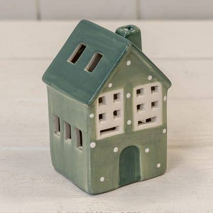 Grünes Keramik-LED-Haus mit Schneeball-Dekor für den Großhandel von Satchville