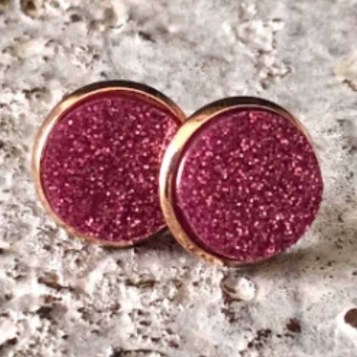 Orecchini in oro e glitter rosa, orecchini da 12 mm per la vendita all'ingrosso da parte di Polka Dot Drawer