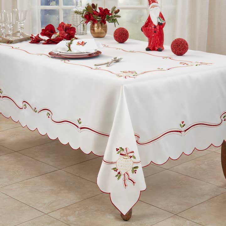 Ivory Embroidered Christmas Tablecloth for wholesale on Faire1