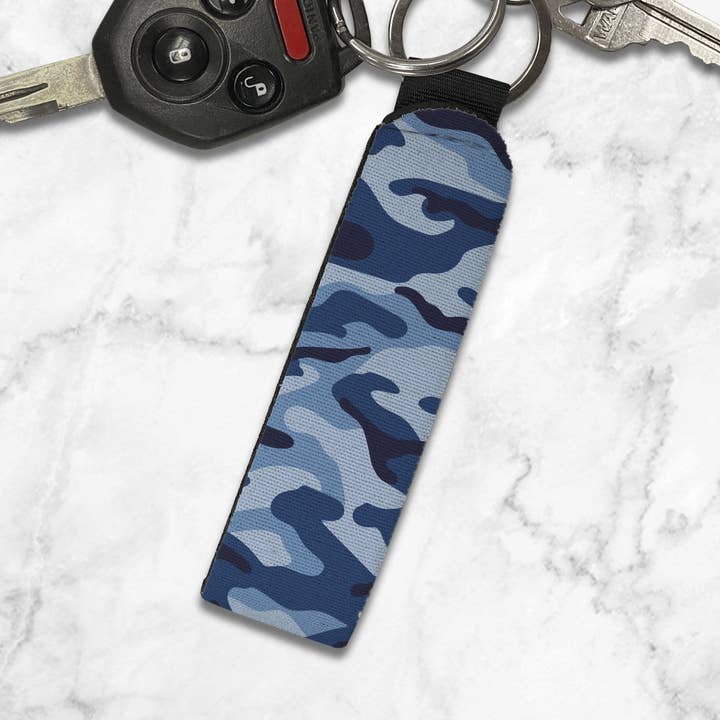 Blue Camo Keychain Wristlet for wholesale by Potter's Printing