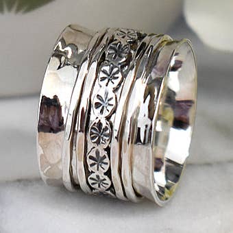 Isla patterned wide spinning ring for wholesale by Kali Ma Designs - Sterling Silver Jewellery