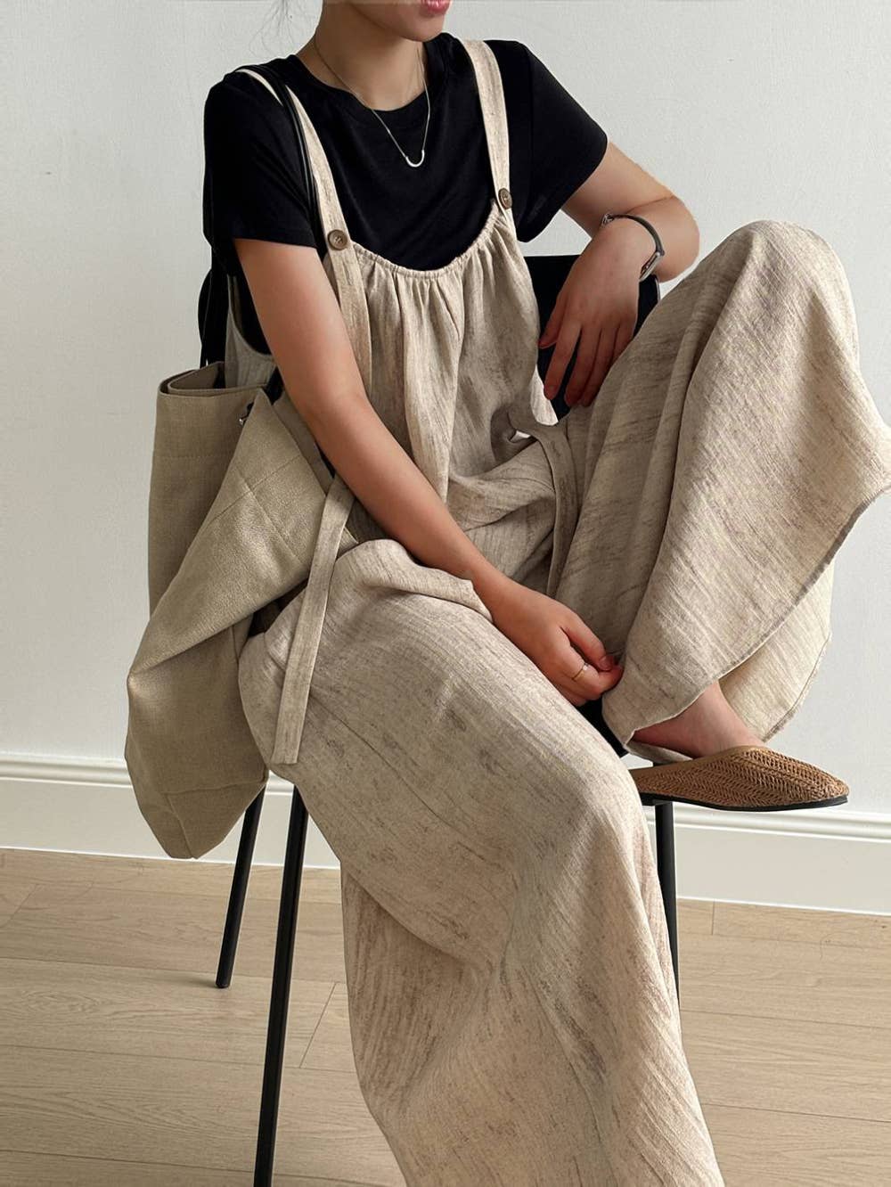 beige Slouchy overalls with 4% linen blend for wholesale on Faire19