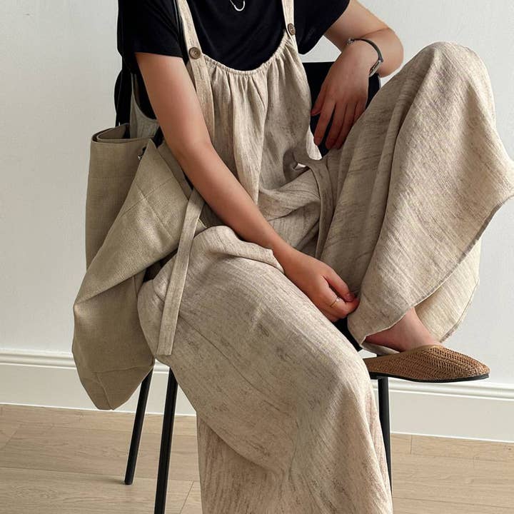 beige Slouchy overalls with 4% linen blend for wholesale on Faire19