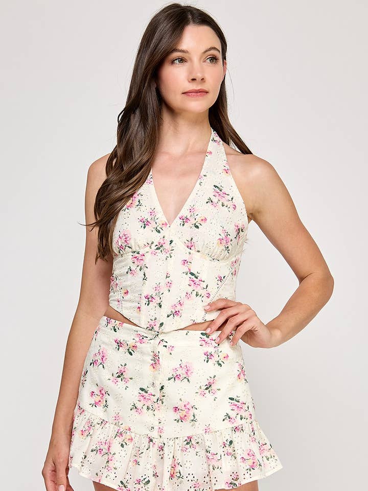 Ösenrock mit Blumenmuster und Rüschen mit Hosenfutter für den Großhandel von Genzy Clothing