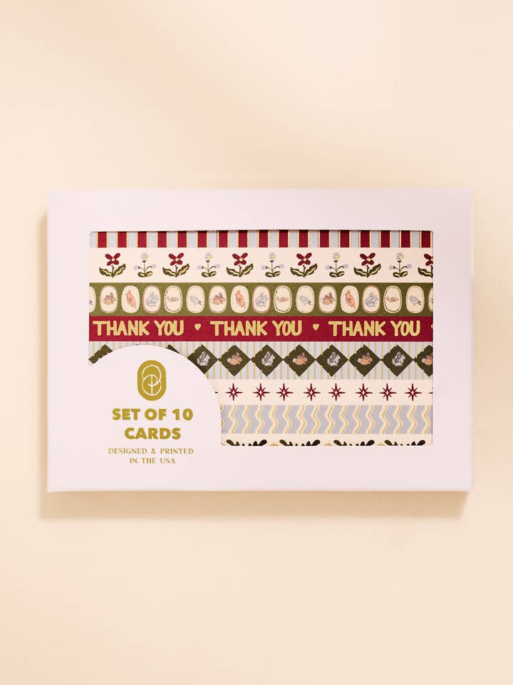 Biglietto di ringraziamento pieghevole a 4 barre con stampa a strisce Cottagecore in lamina - Set di 10 per la vendita all'ingrosso da parte di One & Only Paper