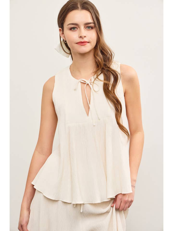 LINEN V NECK TIED FRONT SLEEVELESS TOP for wholesale on Faire