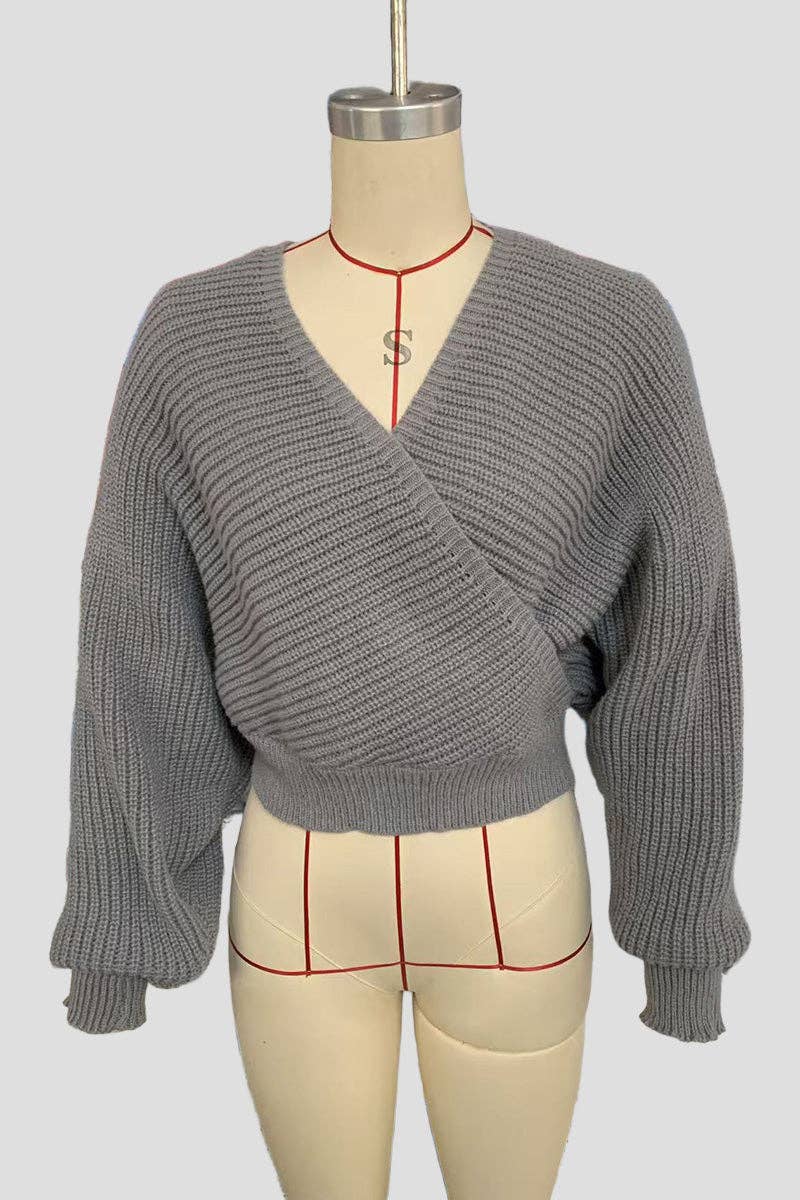 GREY V-Neck Cross-Over Sweater for wholesale on Faire4