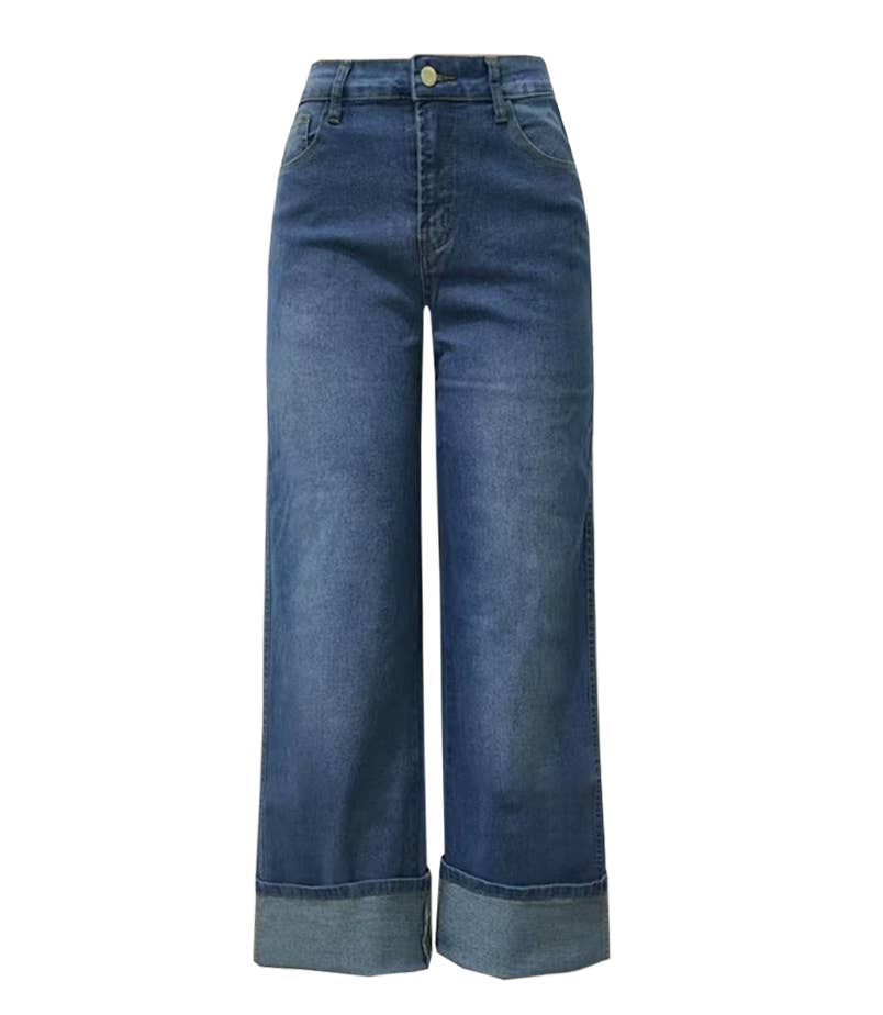 Rosa Clothing - Wholesale Jeans - Women's - Effortless Denim Cuffed Hem Wide-Leg Jeans5