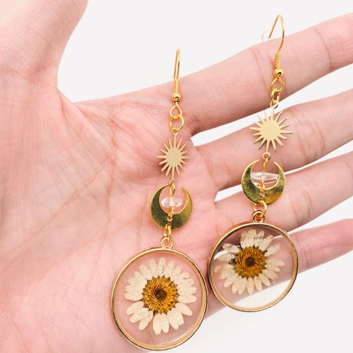Sun Moon Earrings Transparent Daisy Pendant Earrings -PDF/MS for wholesale on Faire