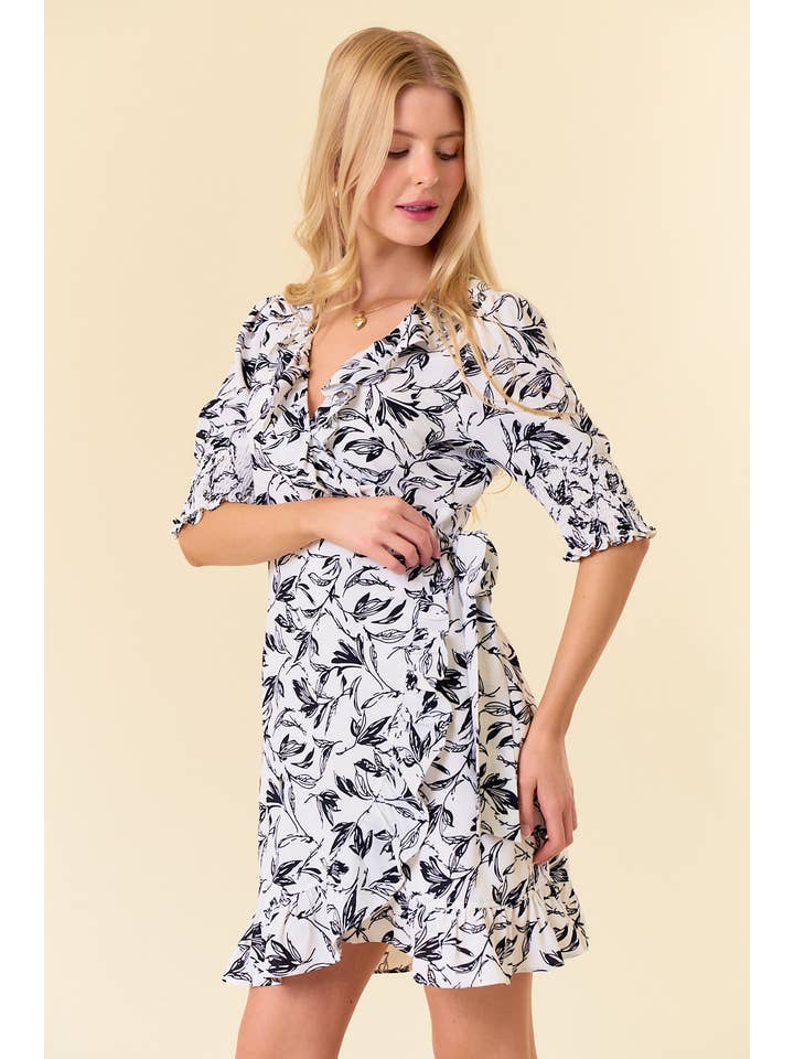 Doe and Rae - Wholesale Dress - Women's - Floral Smocked Cuff Puff Short Sleeve Wrap Mini Dress-27609D