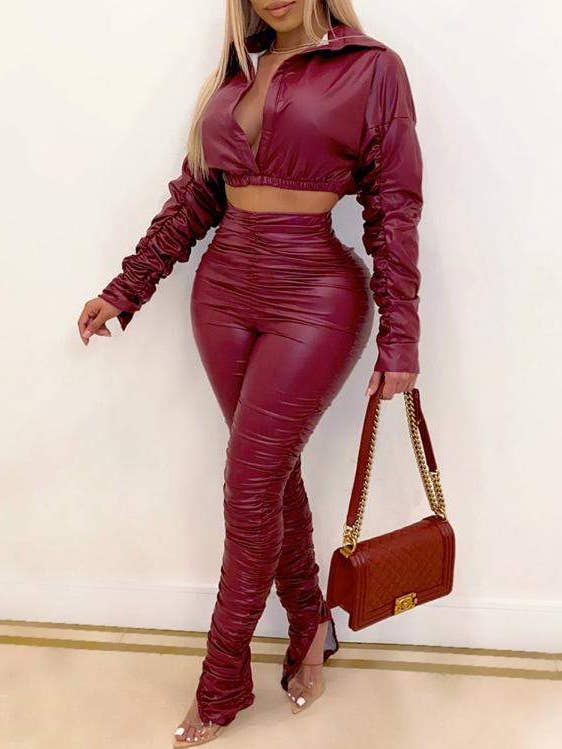 novo conjunto de calças de cintura alta de couro pu com top ruched top por atacado de Fashion Combination