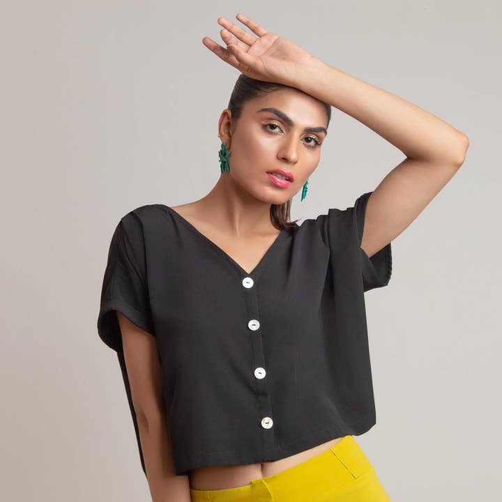 Drop Shoulder V Neck Top-Black for wholesale by Longwayz