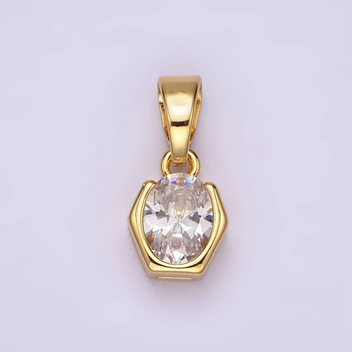 Pendentif Béton Ovale Hexagonal Ouvert en Plaqué Or 14K avec Zircon Cubique Transparent | AA1105 pour la vente par Aim Eternal