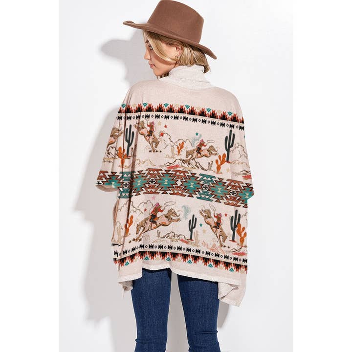 Phil Love - Venta al por mayor Poncho - Mujer - Poncho Rodeo Cowgirl con estampado azteca y cuello de tortuga