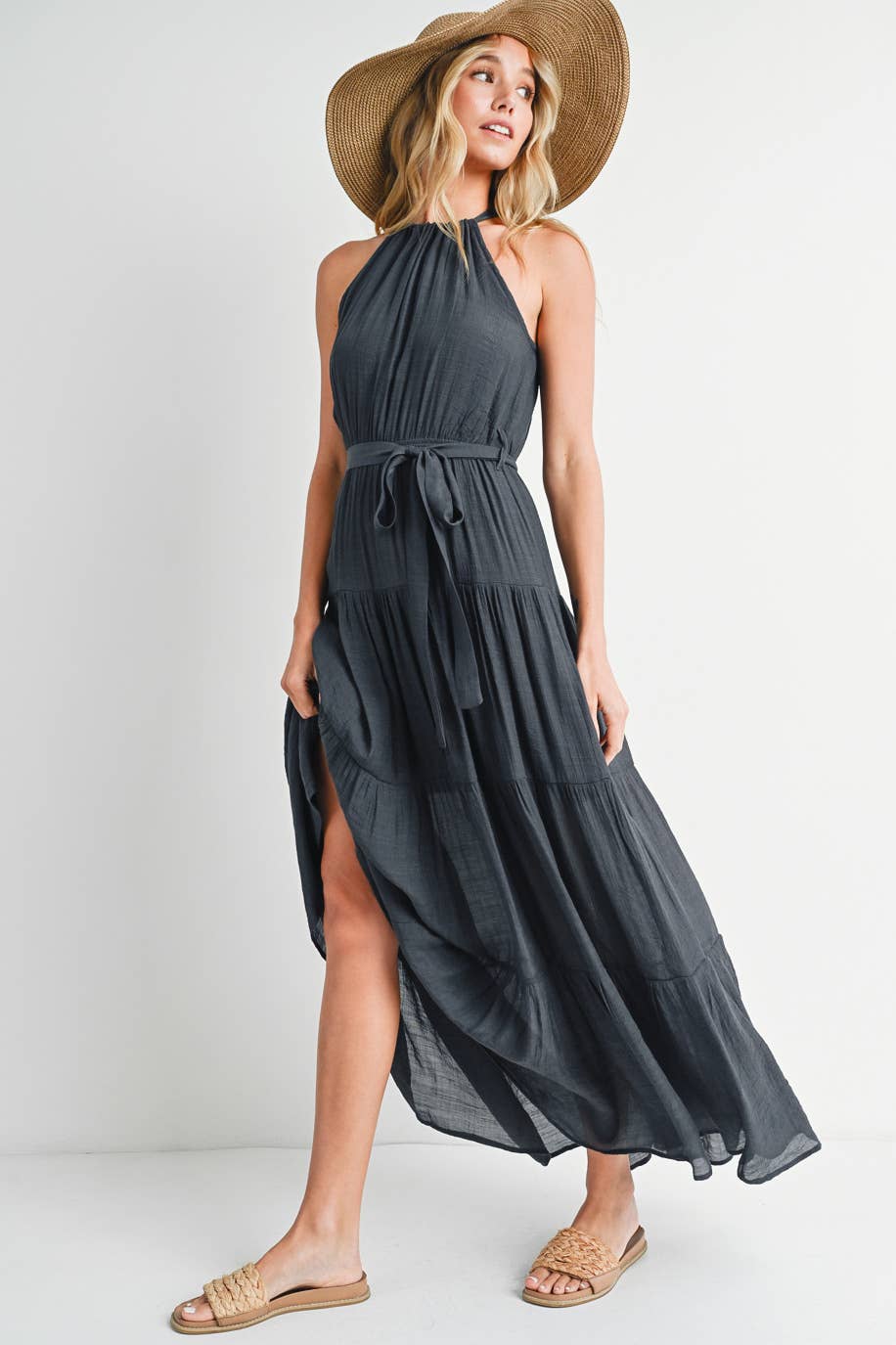 Bluivy – Vestido - Mulher por atacado – VESTIDO MAXI DE CINTURA COM HALTER EM CAMADAS8