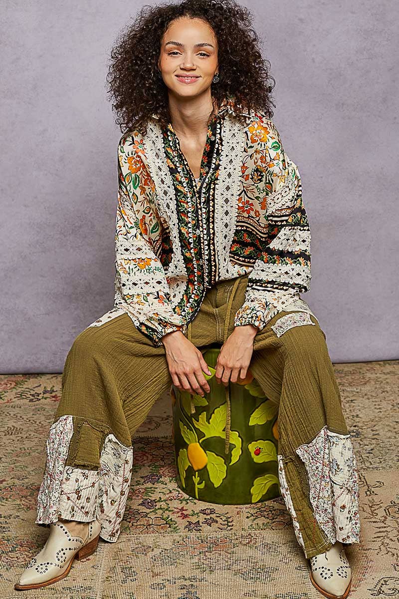 Pol Clothing - Wholesale Button Down Shirt - Women's - Balloon Sleeve Trim See-through Floral Printed Shirt Top11