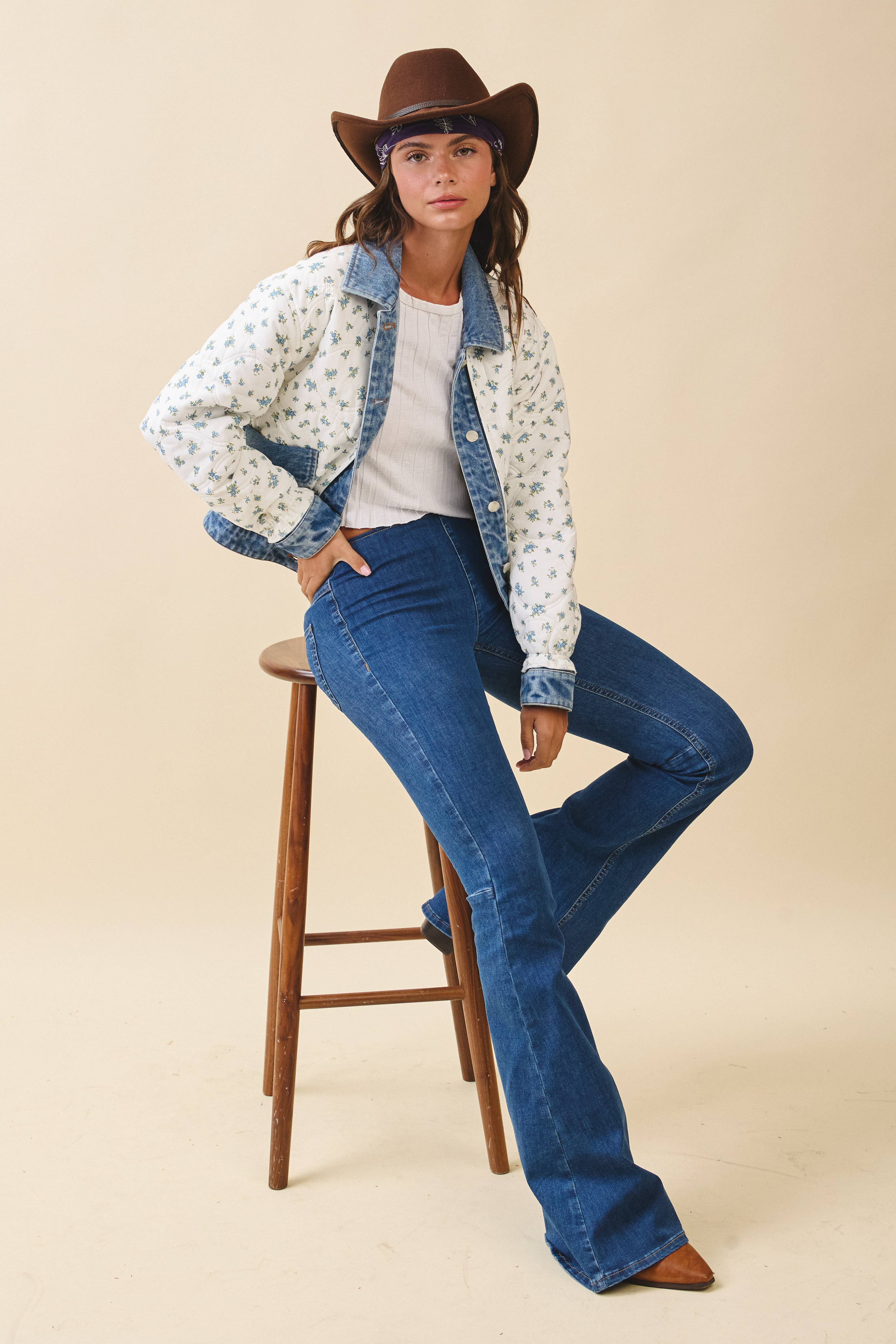 5166GK Floral Quilted Denim Trim Jacket for wholesale on Faire2