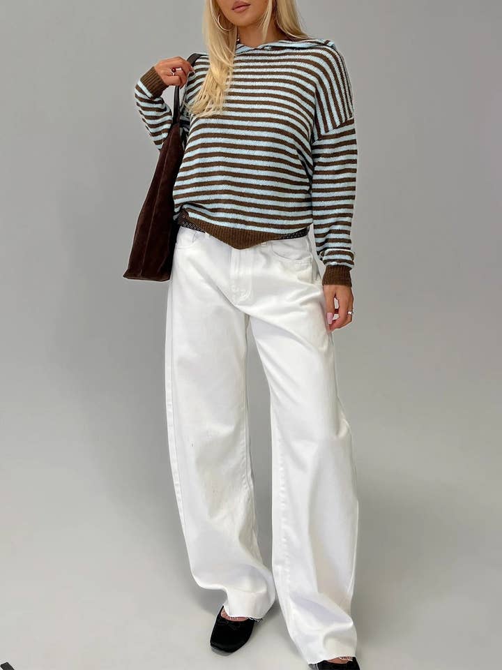 boxy loose collared knit sweater in brown & blue stripe for wholesale on Faire6