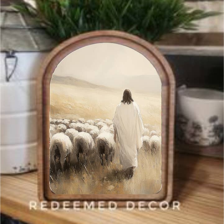 Redeemed Decor - Wholesale Wood Wall Art - Arch Top Jesus Sheep Framed Art