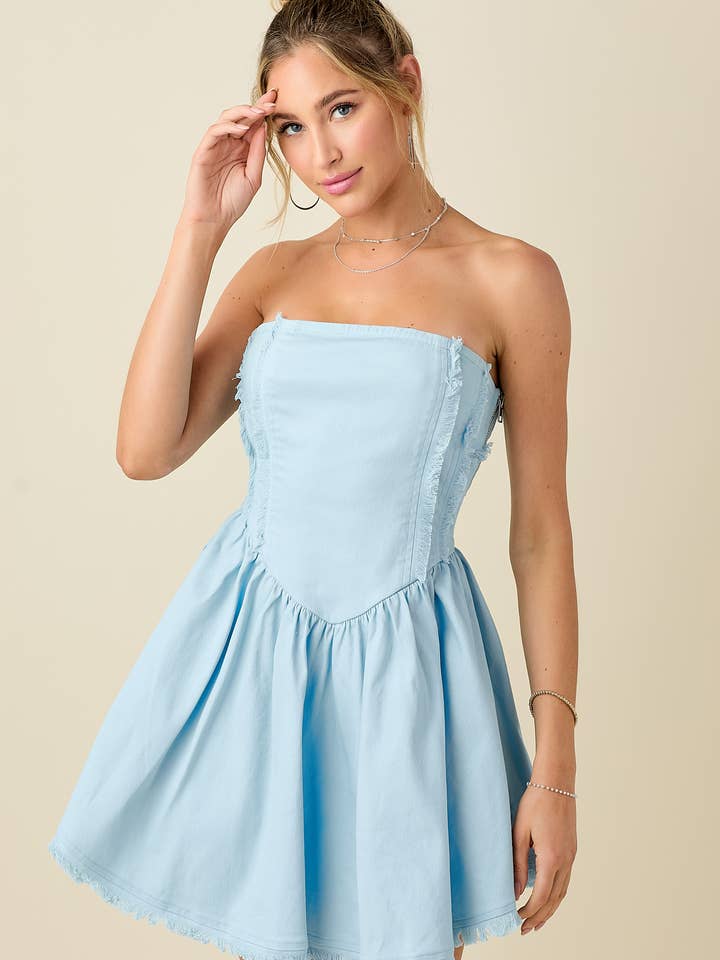 Denim fray detailed corset style tube dress for wholesale by BABY PINK