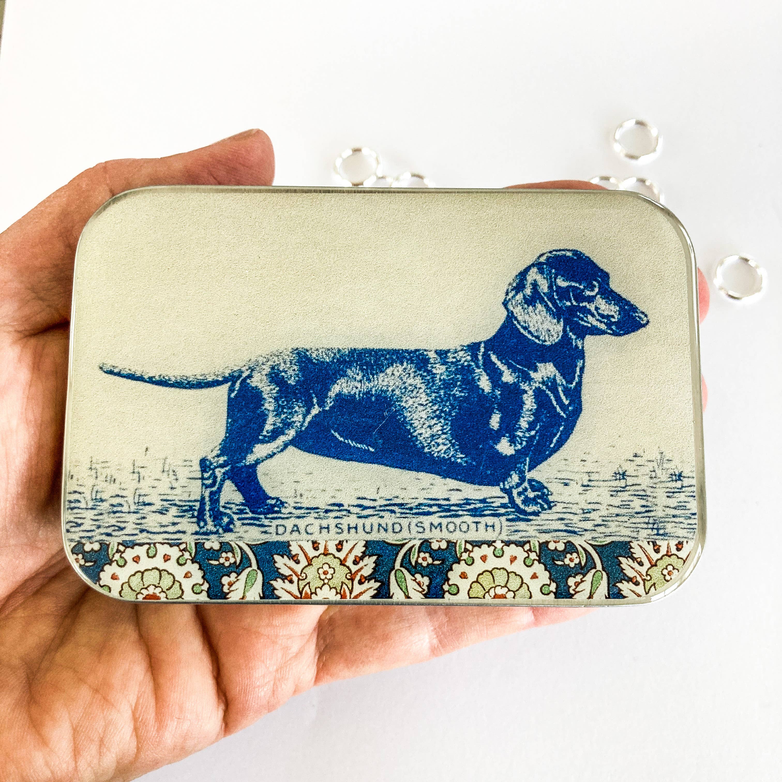 Firefly Notes - Wholesale Knitting/Crochet Supplies - Dachshund notions tin, stitch marker tin1