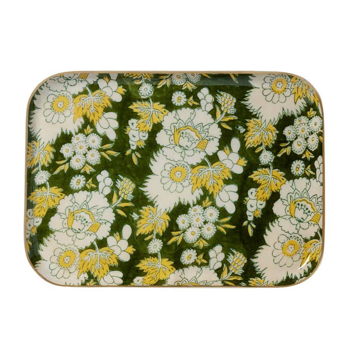 Bohemian tray with green enamel metal flowers Vishnu for wholesale by Bonheur du Jour