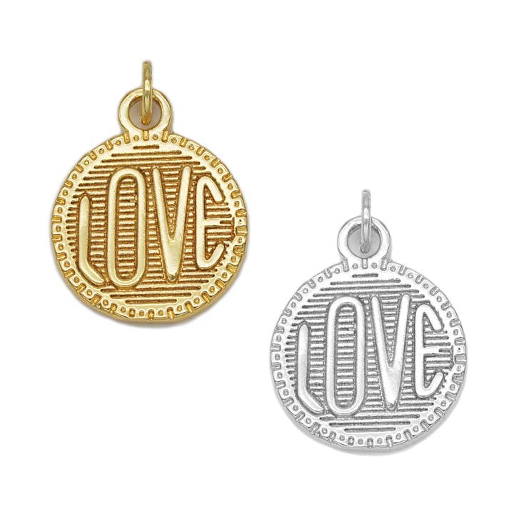Ciondolo a forma di moneta rotonda con scritta Amore in oro e argento, Codice articolo#FH203 per la vendita all'ingrosso da parte di BestBeads&Beyond