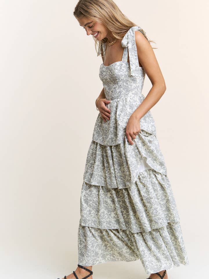 J.NNA - Wholesale Dress - Women's - Sweetheart Neckline Floral Print Tiered Midi Dress S-L
