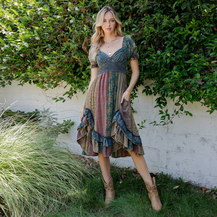Ruffled Asym Hem Midi Dress with Denim Inserts for wholesale by Young Threads