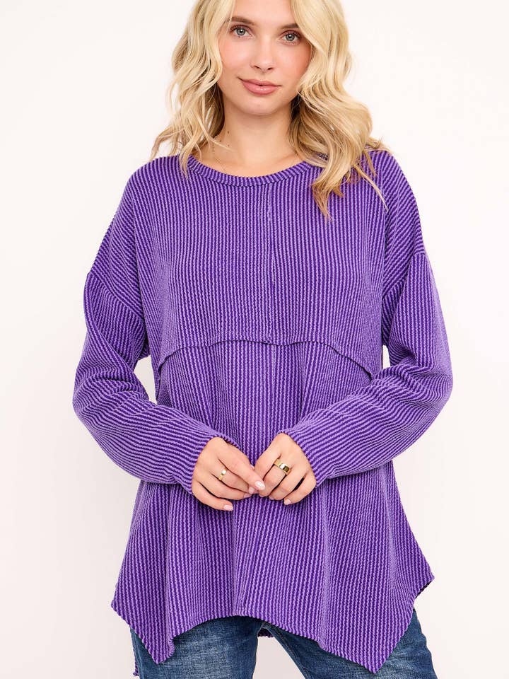 Top de manga larga acanalado para mujer con dobladillo asimétrico para venta al por mayor de Celeste Clothing