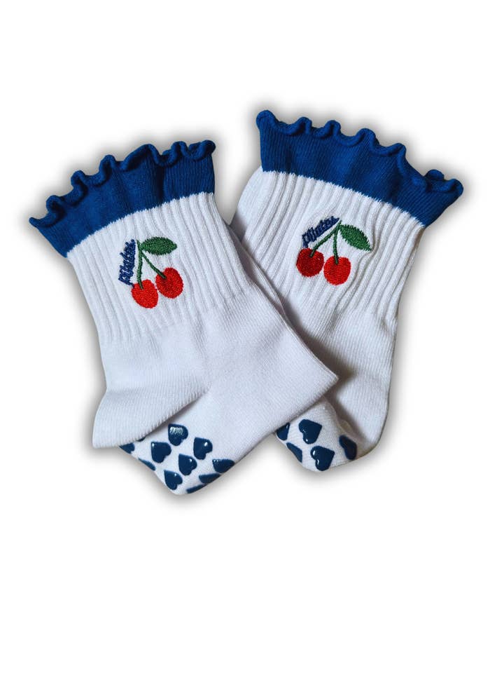 MollyGraceGripSocks - Wholesale Socks - Women's - "Dark blue "Pilates" cherry grip sock"