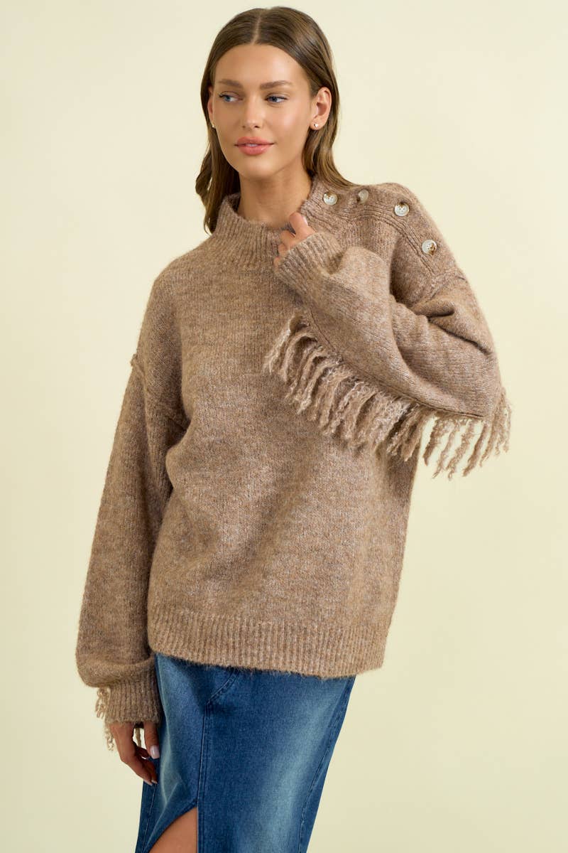Doe and Rae - Wholesale Knit Sweater - Women's - FRINGE BACK MOCK NECK BLOUSON SLEEVE SWEATER - 45347T7