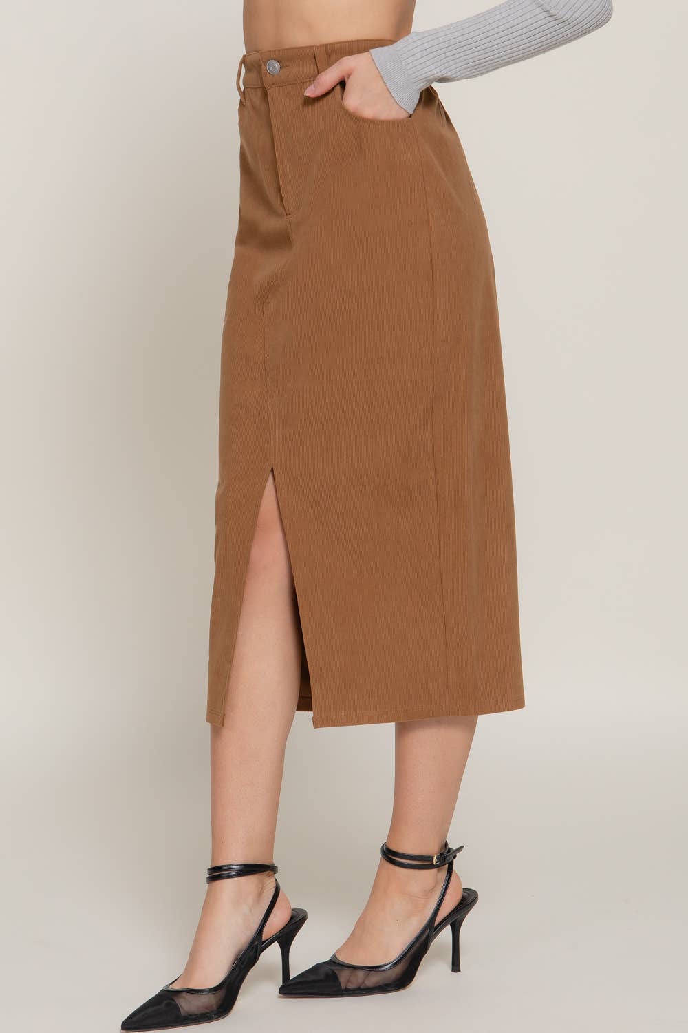 Active Basic | Active USA - Wholesale Skirt - Women's - Waist Band Front Open Slit Corduroy Midi Skirt5