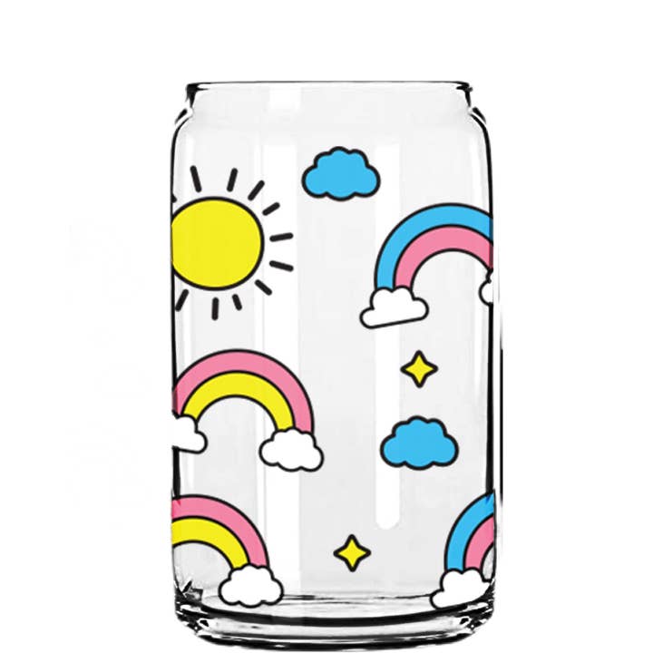 Tasse en verre Rainbow After The Rain avec paille transparente et couvercle en bambou pour la vente par Smile Graphics and Design