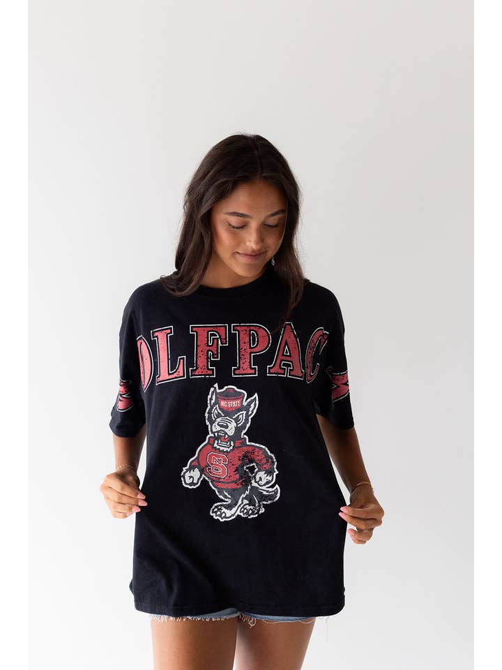 WASHEDBLACK NC State Southern Split Oversized Band Tee for wholesale on Faire