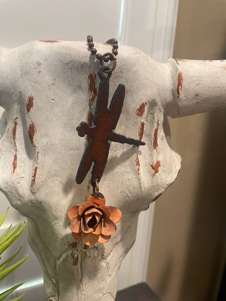 Rustic DRAGONFLY with painted metal flower necklace for wholesale by The Rustic Barn