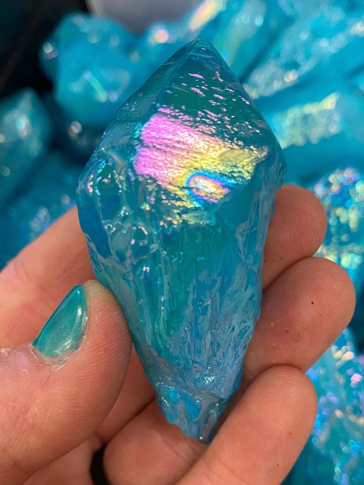 Raw Aqua Aura Quartz Crystal Point, Aqua Aura Quartz Root for wholesale by New Moon Beginnings