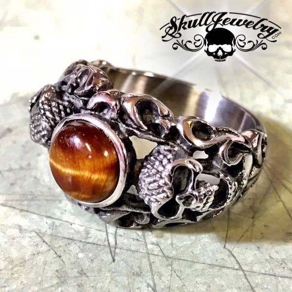 Tijgeroog RVS Schedelring (#732) voor wholesale door SkullJewelry.com