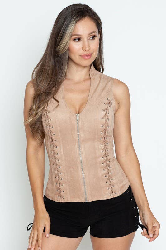 Lydia USA - Wholesale Blouse - Women's - Front Lace Up Back Cut Out Detail Suede Plus Top20