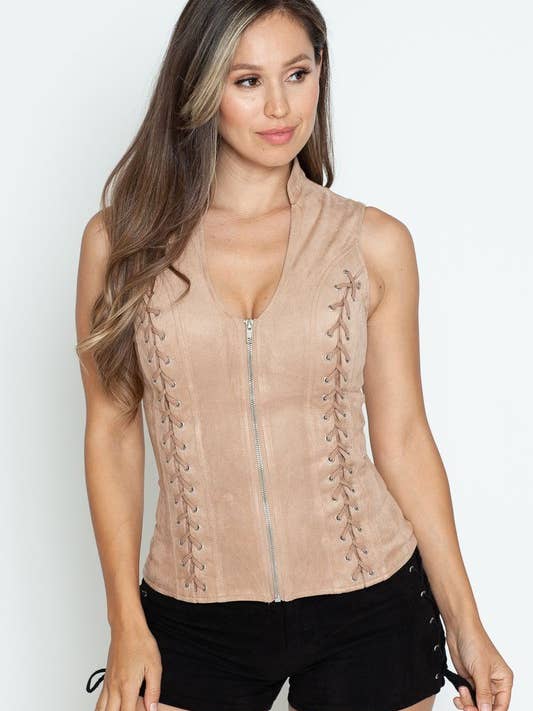 Lydia USA - Wholesale Blouse - Women's - Front Lace Up Back Cut Out Detail Suede Plus Top20
