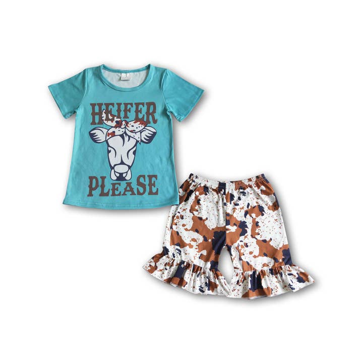 Heifer please cow print shorts girls boutique clothing set for wholesale by Yawoo Garments