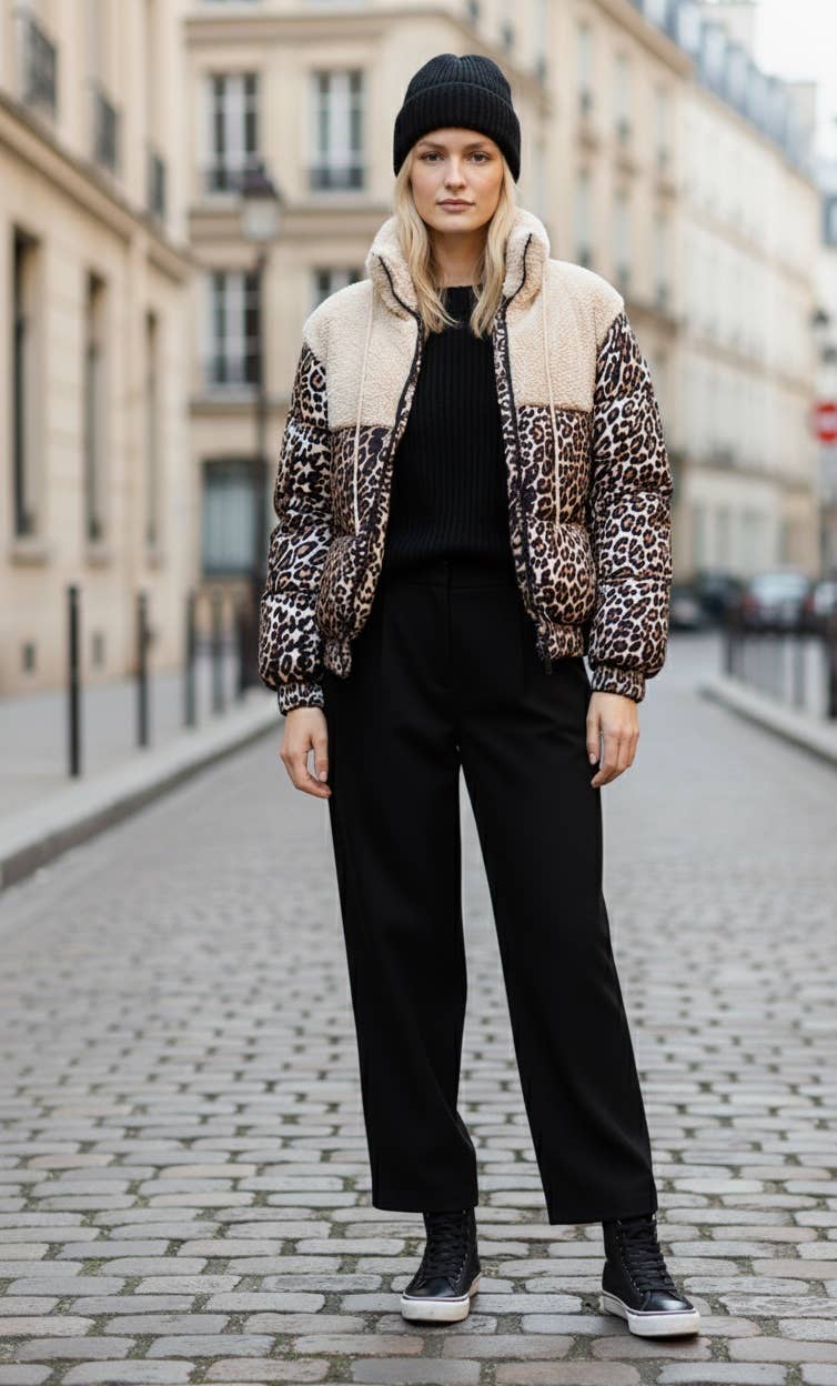 MOOYA - Wholesale Puffer Jacket - Women's - Short fleece and leopard puffer jacket - ZNS0023