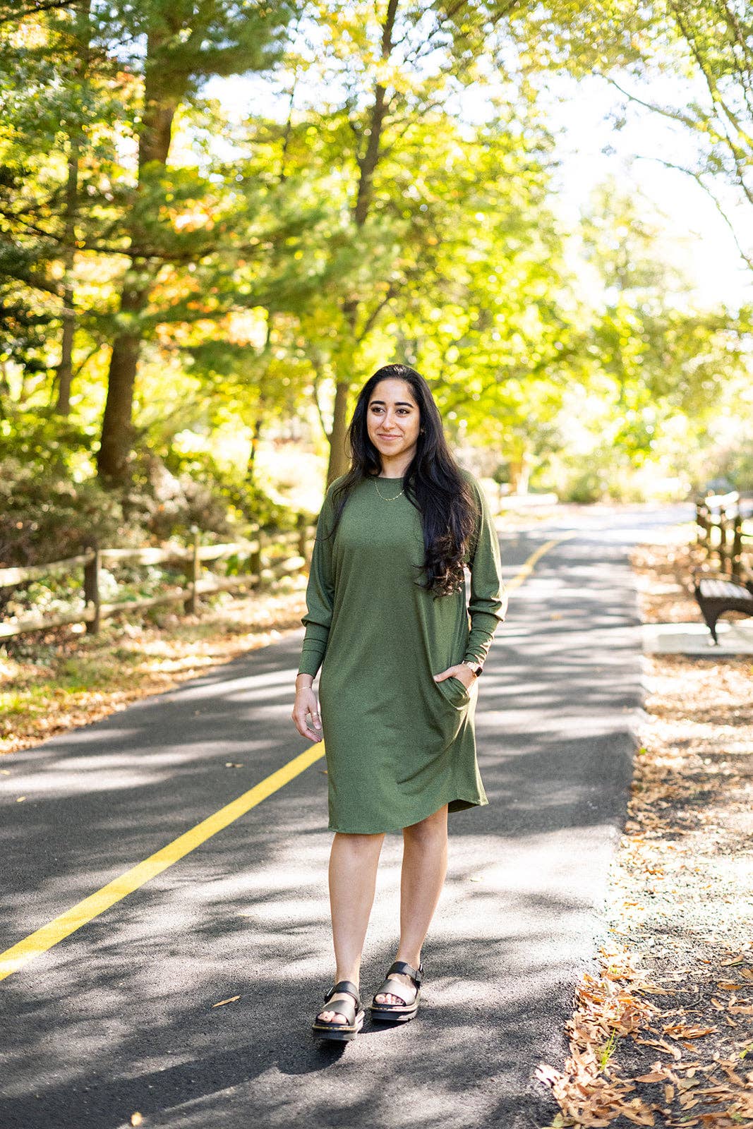 Knieriem Designs - Wholesale Dress - Women's - Green Rayon Jersey Long Sleeve Dress with Pockets