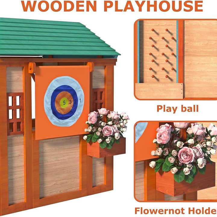ShipItFurniture - Wholesale Wood Toy - Kids - Outdoor Playhouse for Age 3-8 Years Boy Girl, Wooden Cottage Playhouse with 4 Game Awning Window, Ball Wall & Tetris. Play House for Outdoor Garden, Lawn, Patio, Yard.
