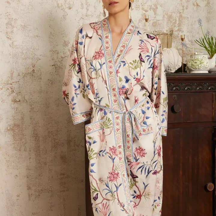 safistyle – wholesale Robe – Women's – Beige Chinoiserie Floral Kimono Robe - Spa Wrap for Bridal8