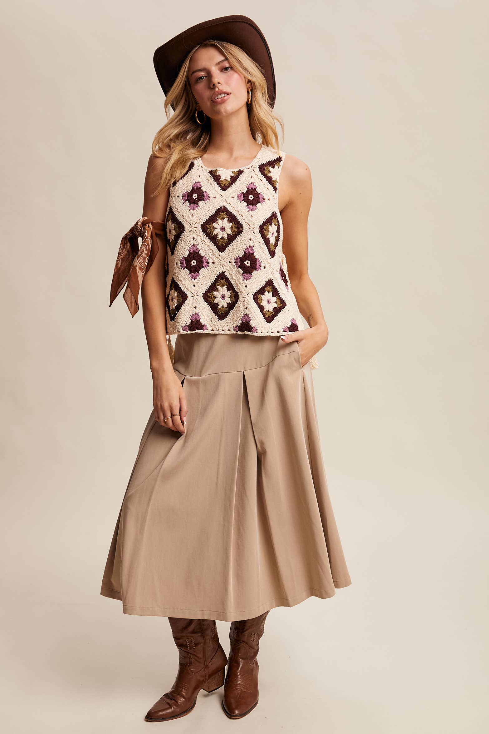 Listicle - Wholesale Sweater Vest - Women's - Crochet Granny Square Tassel Tie Vest LSW100622