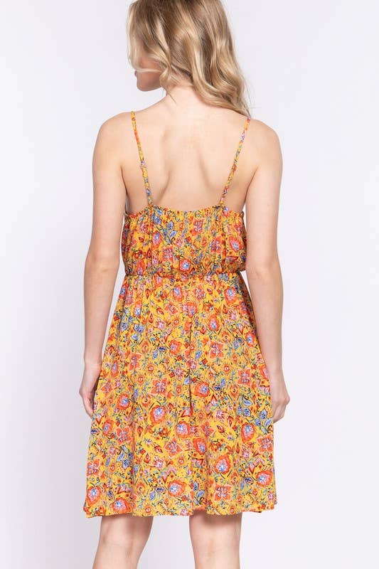 Active Basic | Active USA - Wholesale Dress - Women's - Round Neck Waist Shirring Floral Printed Woven5