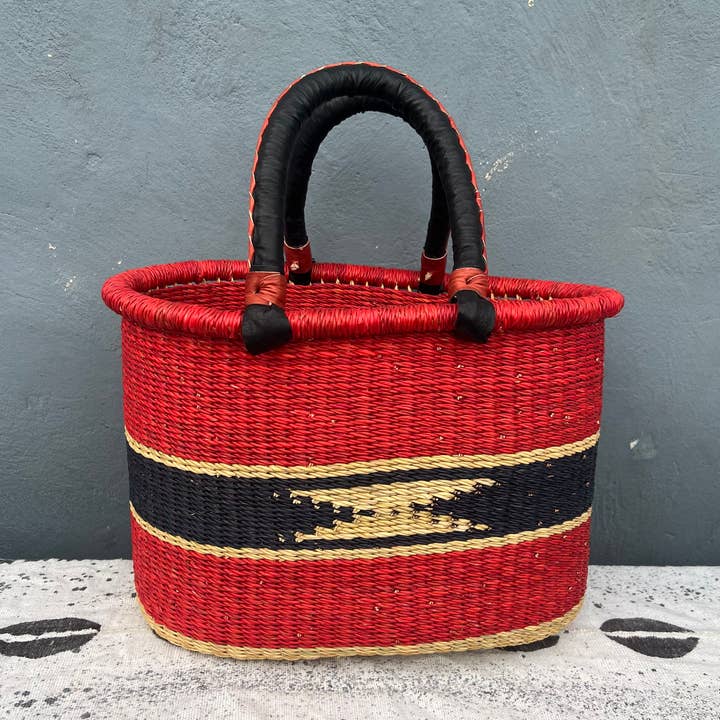 Handwoven Oval Shopping Basket – Red & Black Fair Trade Oval for wholesale by ARA BOLGA BASKETS LLC