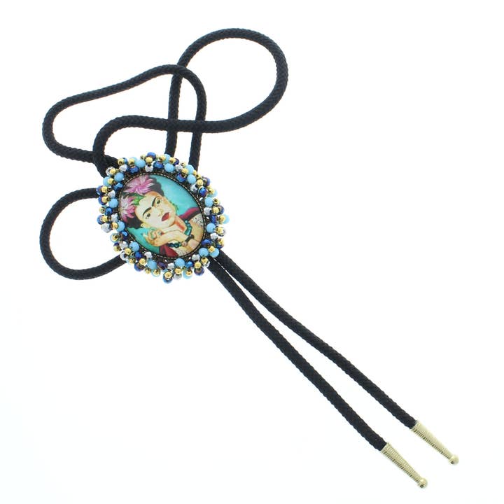 Tuin van Gedachten – Frida Kahlo Bolo Tie met Blauwe & Gouden Kralen voor wholesale door HHH Designs
