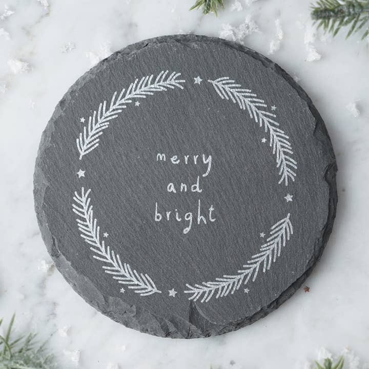Round Slate Coaster - 'Merry And Bright' for wholesale by CGB Giftware
